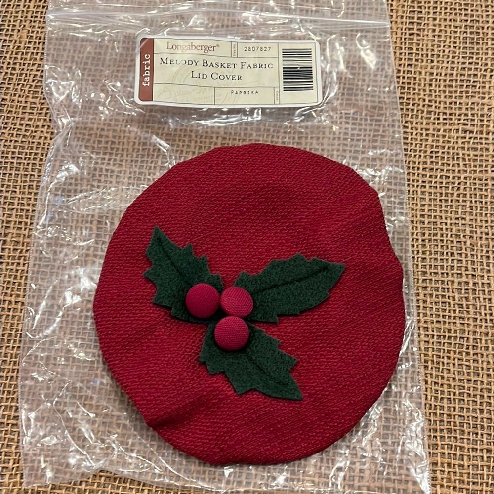 Longaberger Burgundy Basket Lid Cover with Green Holly